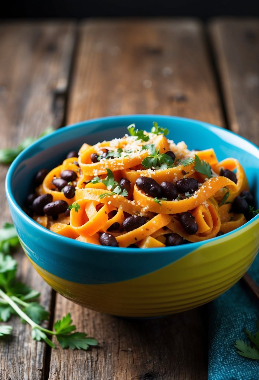 A colorful bowl of black bean and sweet potato pasta, topped with fresh herbs and a sprinkle of parmesan cheese, sits on a rustic wooden table