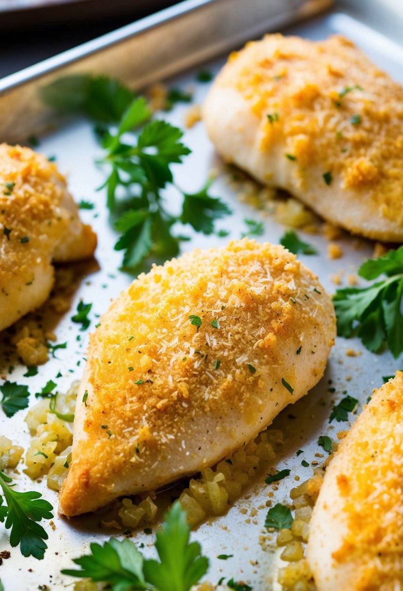 A golden-brown chicken breast coated in a garlic parmesan crust, surrounded by fresh herbs and spices on a baking sheet