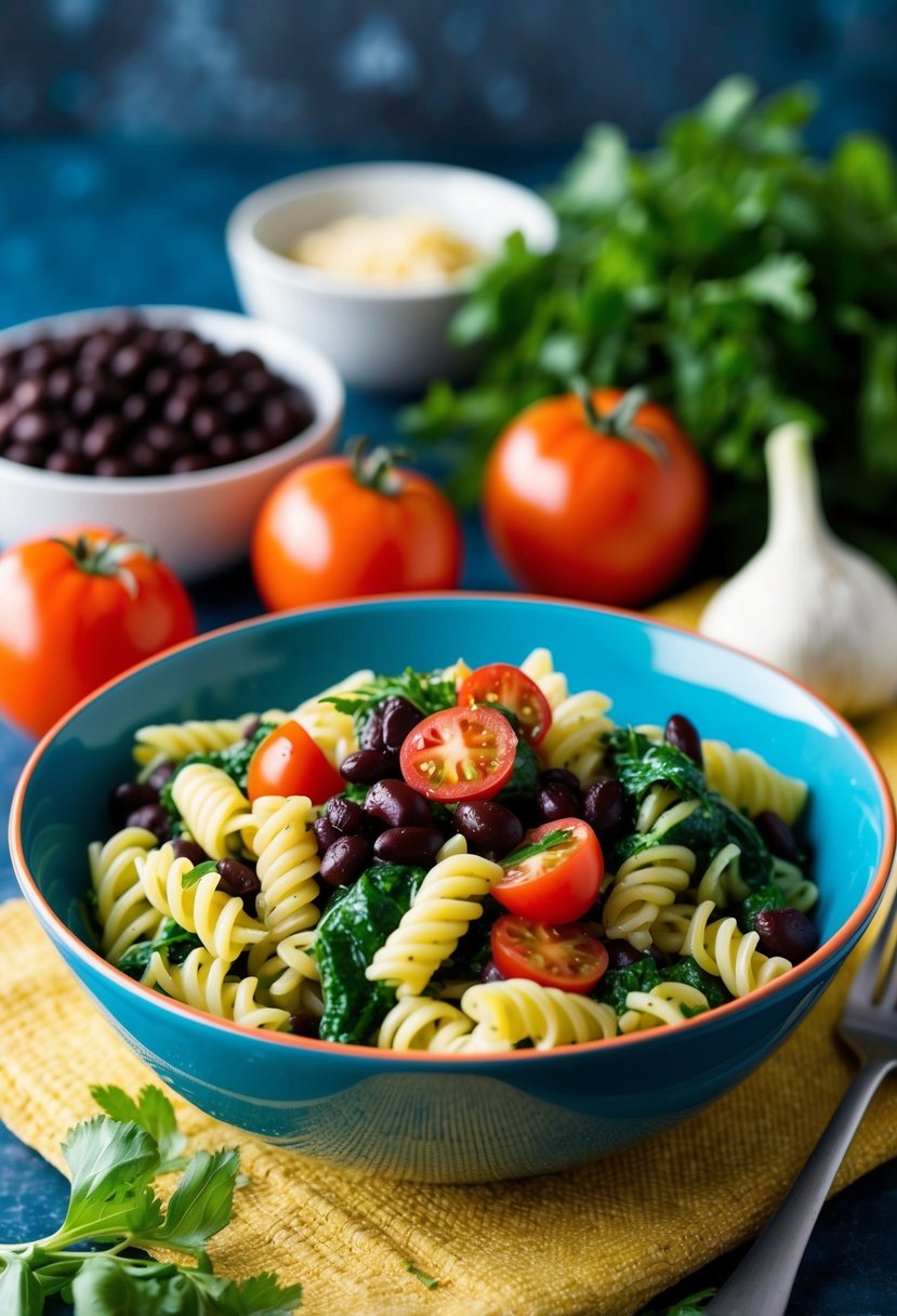 A colorful bowl of zesty black bean and spinach rotini, surrounded by fresh ingredients like tomatoes, garlic, and herbs