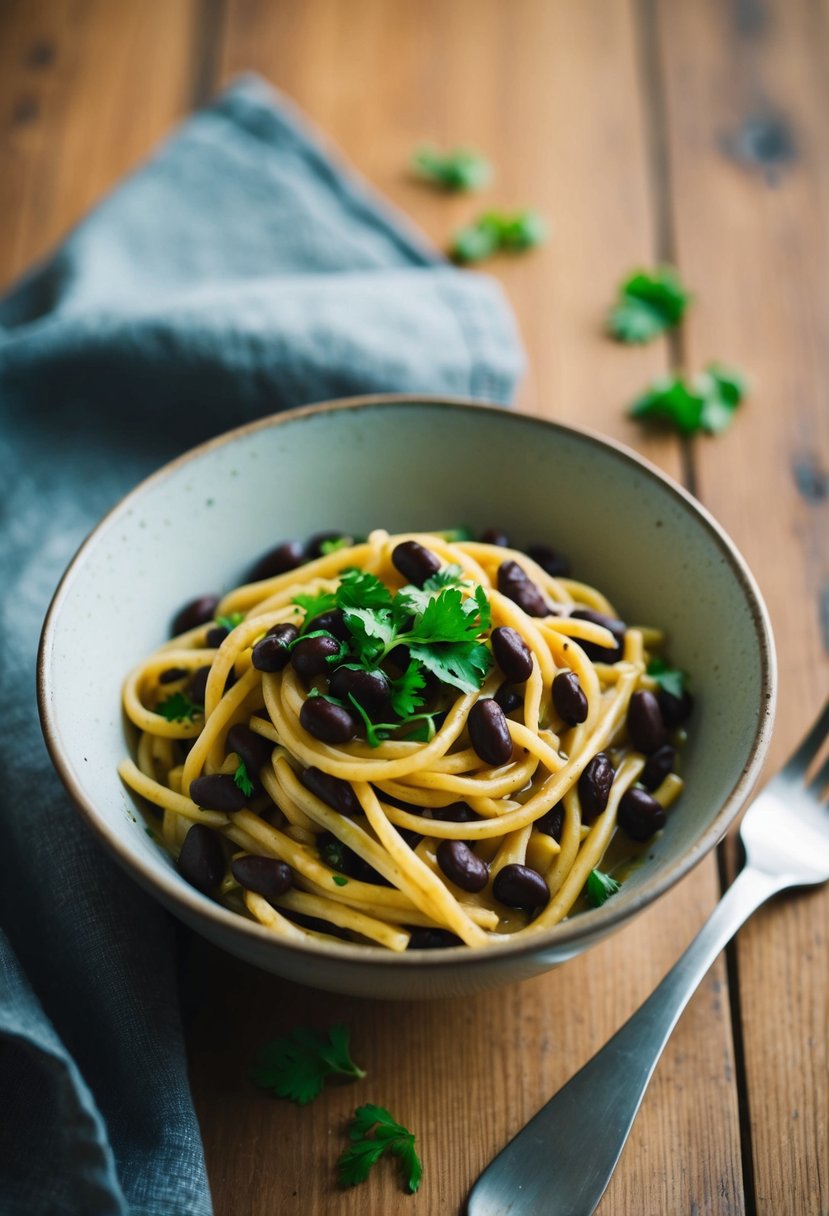 A bowl of black bean tahini noodles sits on a wooden table with a fork beside it