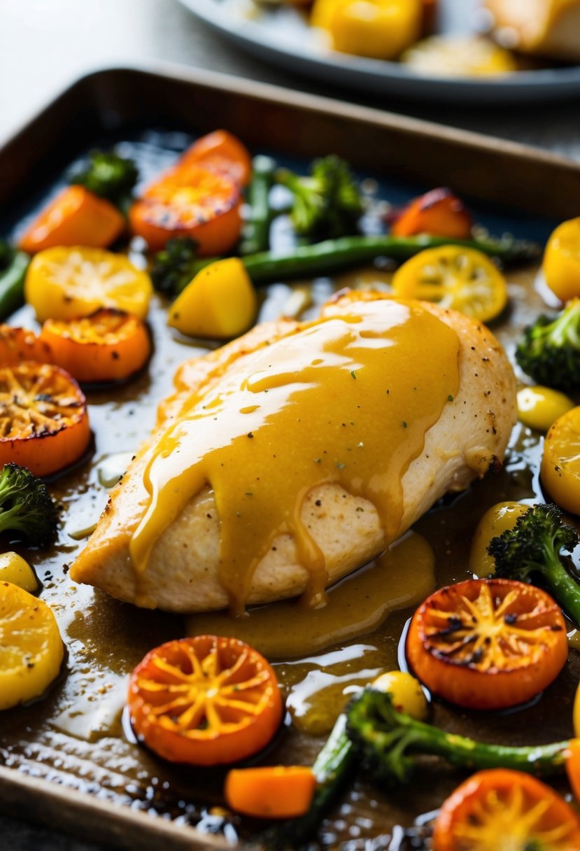 A golden-brown chicken breast coated in honey mustard glaze, surrounded by colorful roasted vegetables on a baking sheet