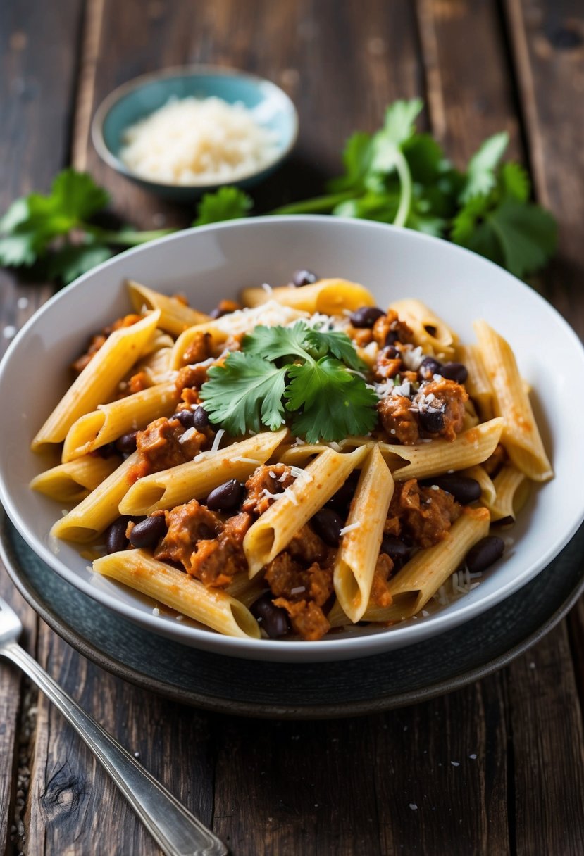 A steaming bowl of black bean penne pasta with chipotle sauce, topped with fresh cilantro and grated cheese, sits on a rustic wooden table