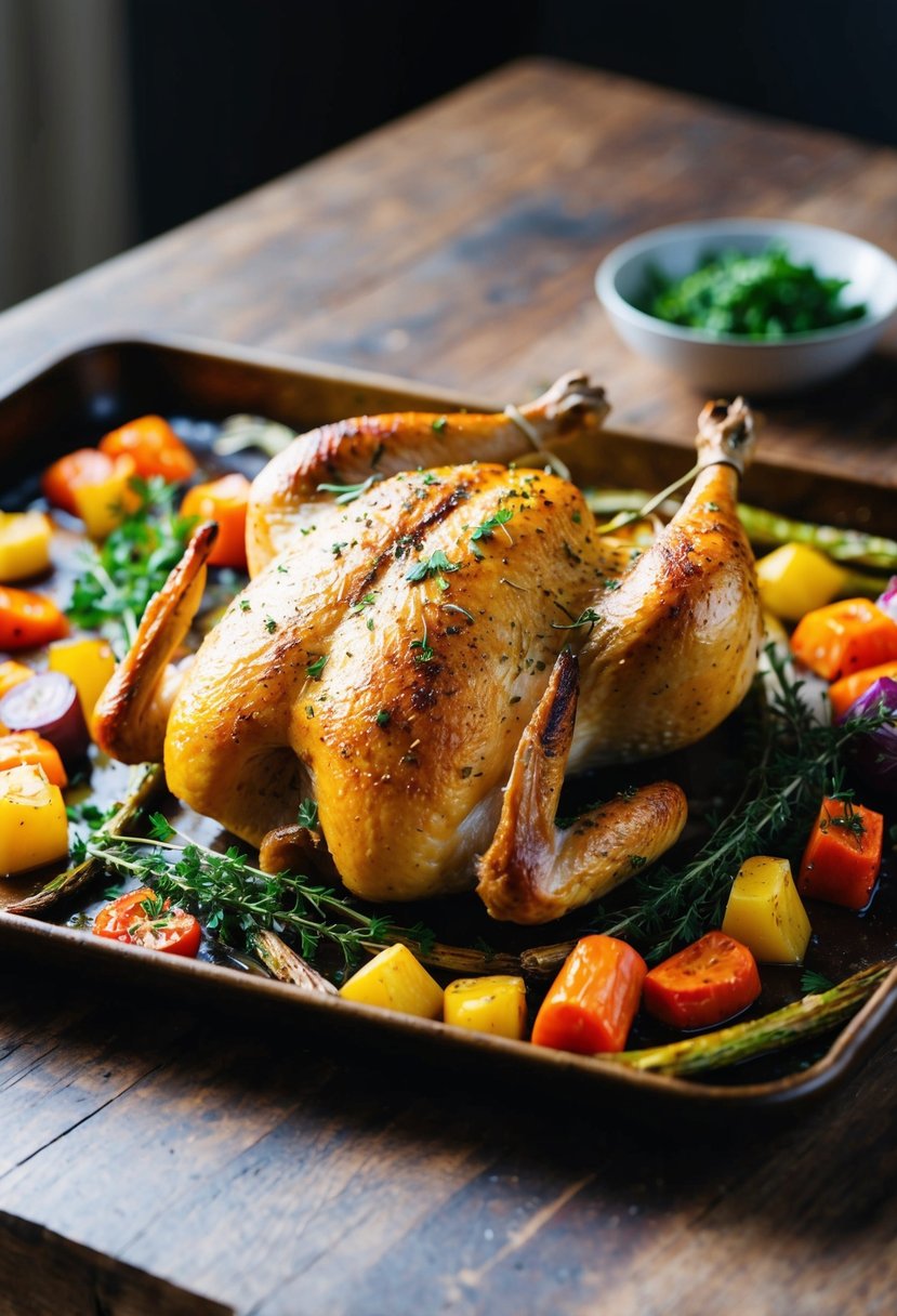 A golden-brown herb-roasted chicken surrounded by colorful roasted vegetables on a rustic baking tray