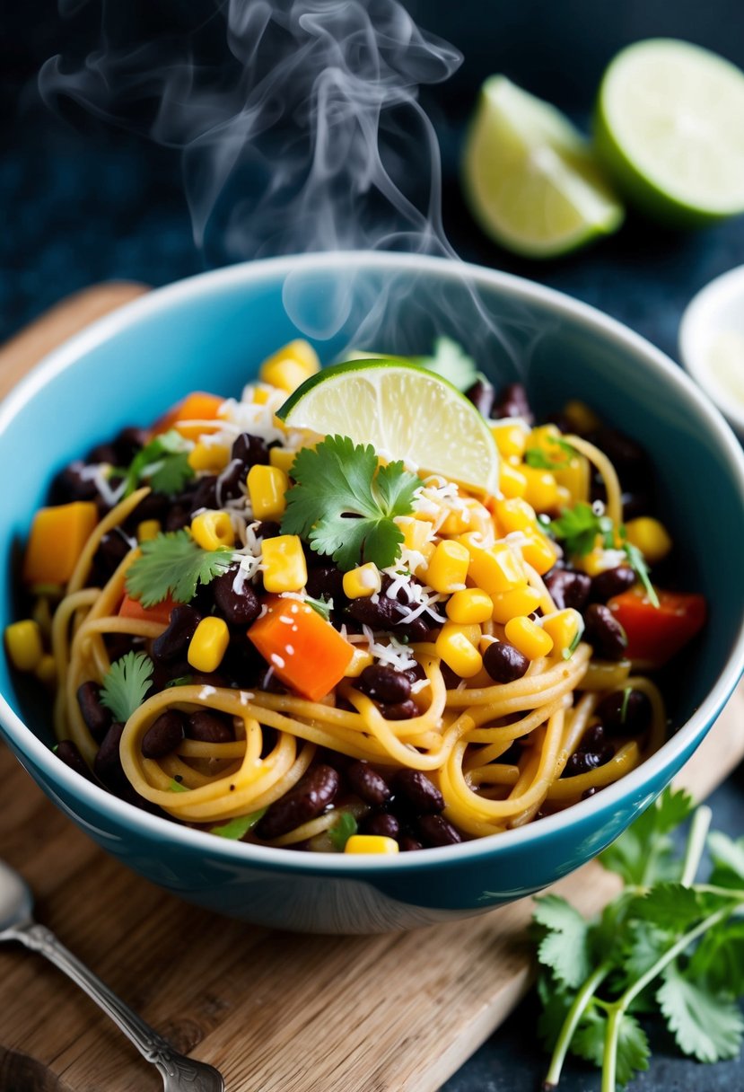 A steaming bowl of black bean pasta with colorful bell peppers, corn, and cilantro, topped with a sprinkle of cheese and a slice of lime