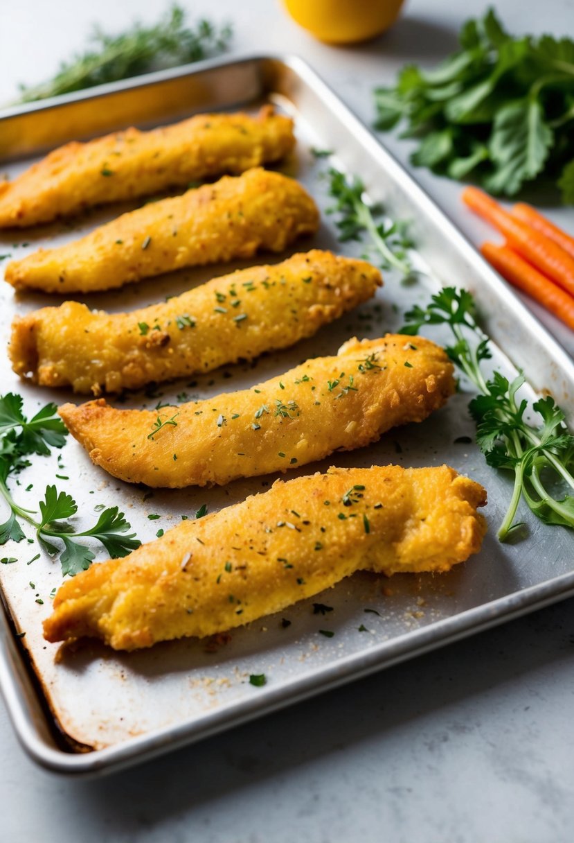 Golden chicken tenders on a baking sheet with a sprinkle of herbs and a side of fresh vegetables