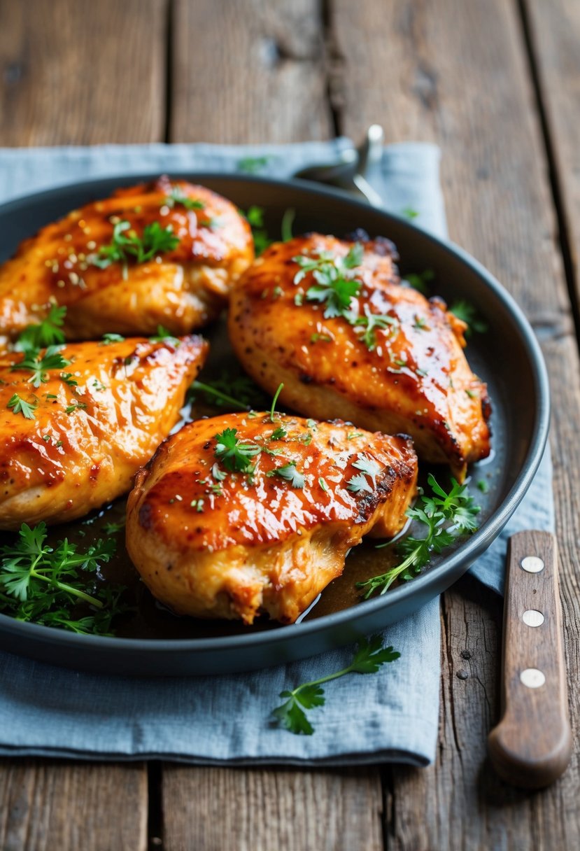 A platter of golden-brown BBQ chicken breasts, garnished with fresh herbs, sits on a rustic wooden table. A light glaze glistens on the succulent meat