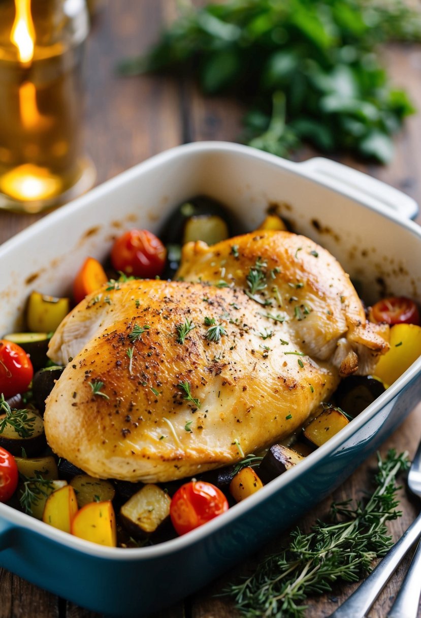 A golden-brown chicken breast, seasoned with Mediterranean herbs and spices, sits on a bed of roasted vegetables in a ceramic baking dish