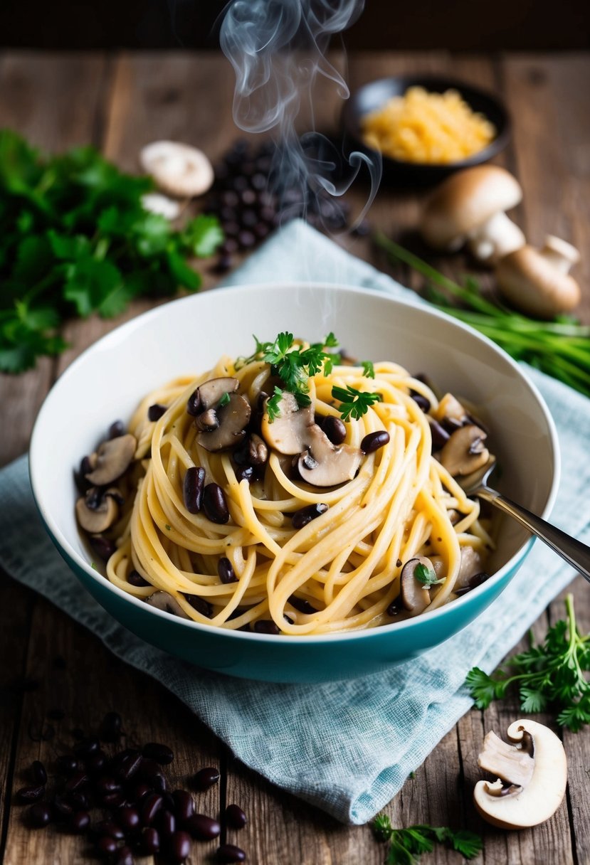 A steaming bowl of black bean and mushroom alfredo pasta on a rustic wooden table, surrounded by fresh ingredients like beans, mushrooms, and herbs