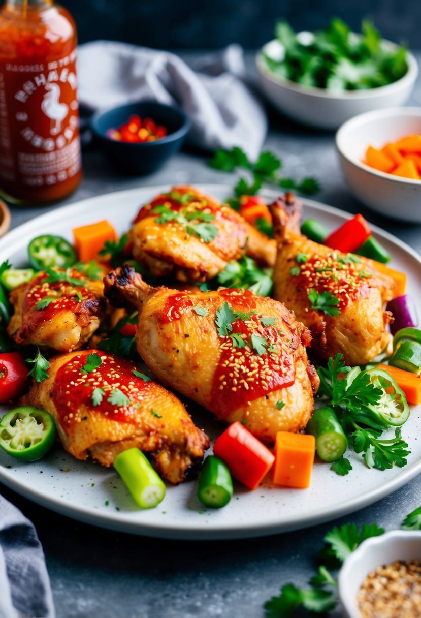 A platter of spicy Sriracha baked chicken with colorful vegetables and herbs