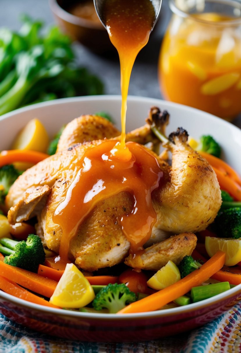 A golden-brown baked chicken dish surrounded by colorful vegetables and drizzled with a tangy sweet and sour sauce