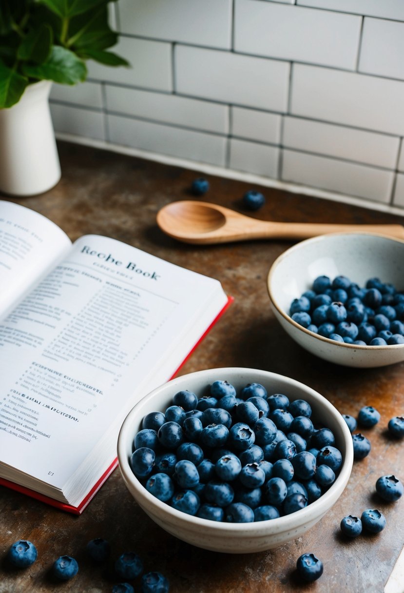 A rustic kitchen counter with fresh blueberries, a mixing bowl, and a wooden spoon. A recipe book open to a blueberry recipe