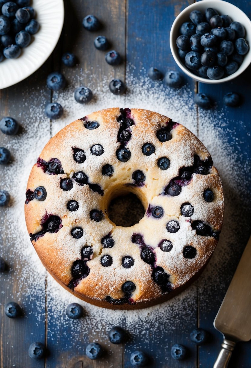 A rustic kitchen table with a freshly baked blueberry breakfast cake surrounded by scattered blueberries and a dusting of powdered sugar