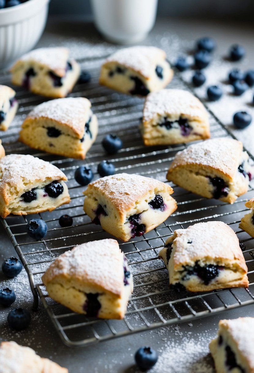 A rustic kitchen counter with a cooling rack of freshly baked flaky blueberry scones, scattered with powdered sugar and surrounded by scattered blueberries