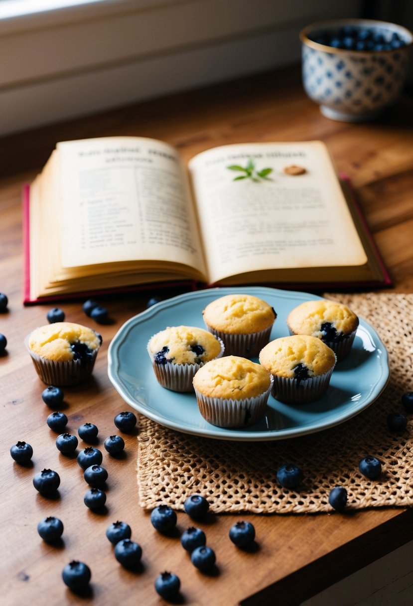 A warm kitchen table with a plate of freshly baked Buttery Blueberry Muffins surrounded by scattered blueberries and a vintage recipe book open to a blueberry recipe