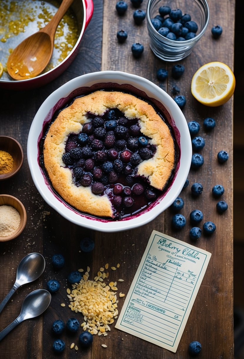 A rustic kitchen table with a bubbling blueberry cobbler fresh from the oven, surrounded by scattered ingredients and a vintage recipe card