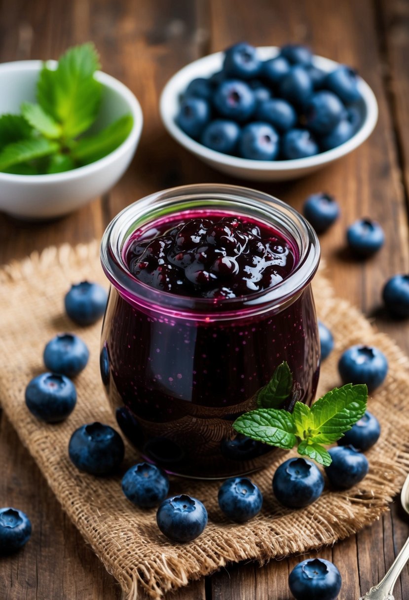 A glass jar of homemade blueberry jam surrounded by fresh blueberries and a sprig of mint on a rustic wooden table