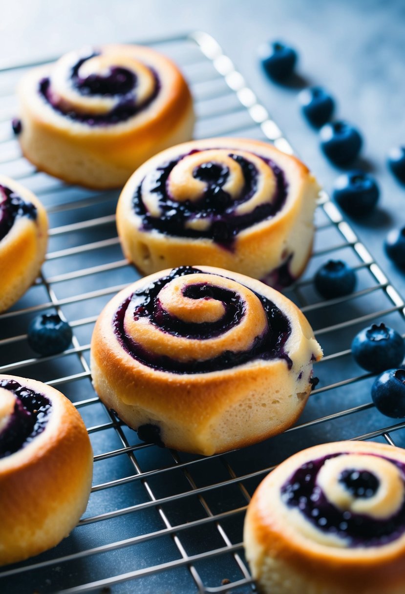 Freshly baked blueberry cinnamon rolls cooling on a wire rack