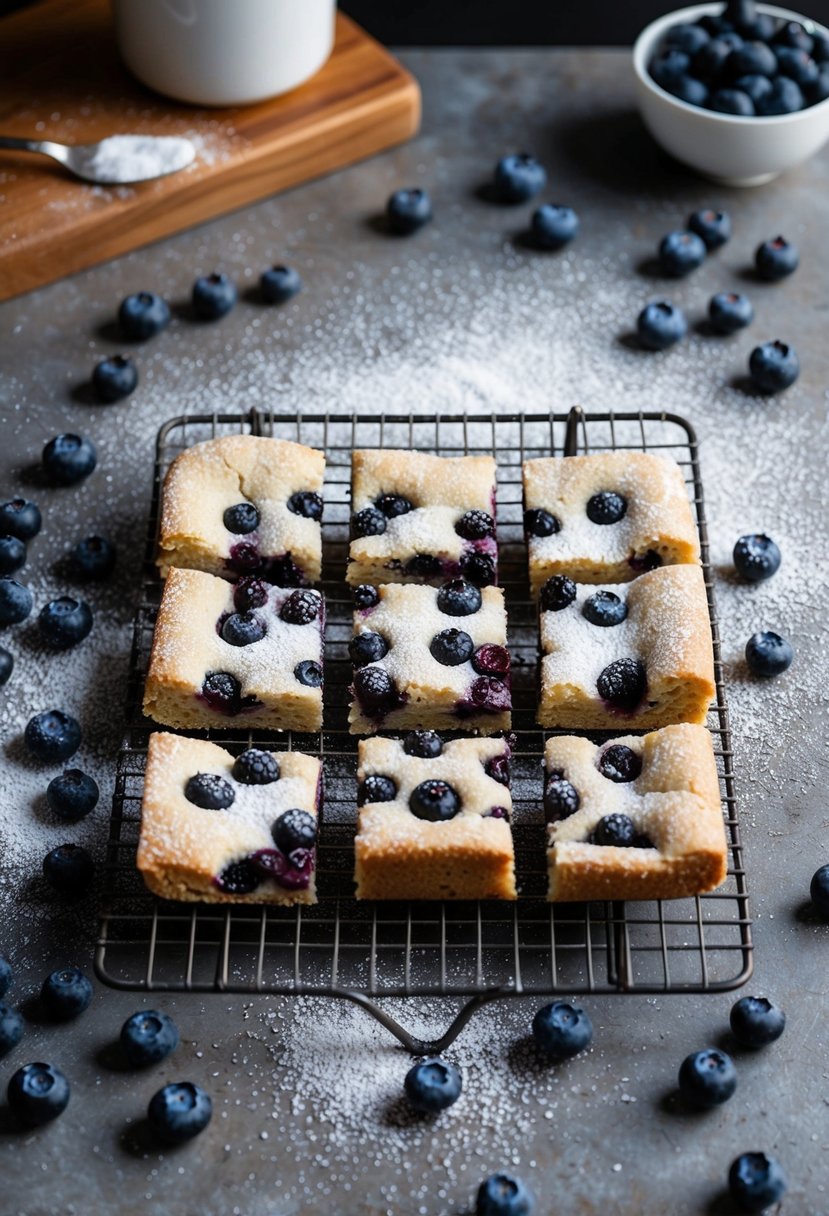 A rustic kitchen counter with freshly baked blueberry bars cooling on a wire rack, surrounded by scattered blueberries and a dusting of powdered sugar