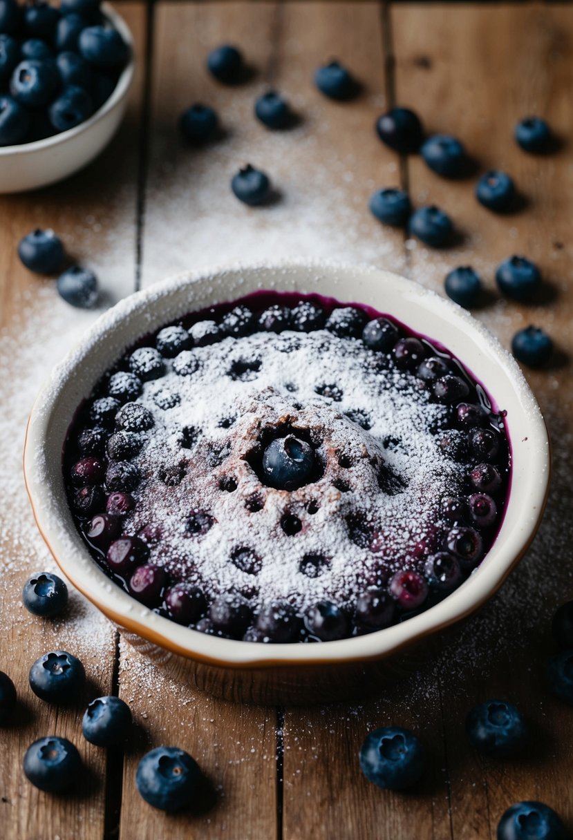 A blueberry clafoutis baking in a rustic ceramic dish, with fresh blueberries scattered around and a dusting of powdered sugar on top