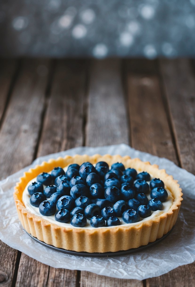 A blueberry tart sits on a rustic wooden table, topped with a generous layer of creamy pastry filling and a scattering of fresh blueberries