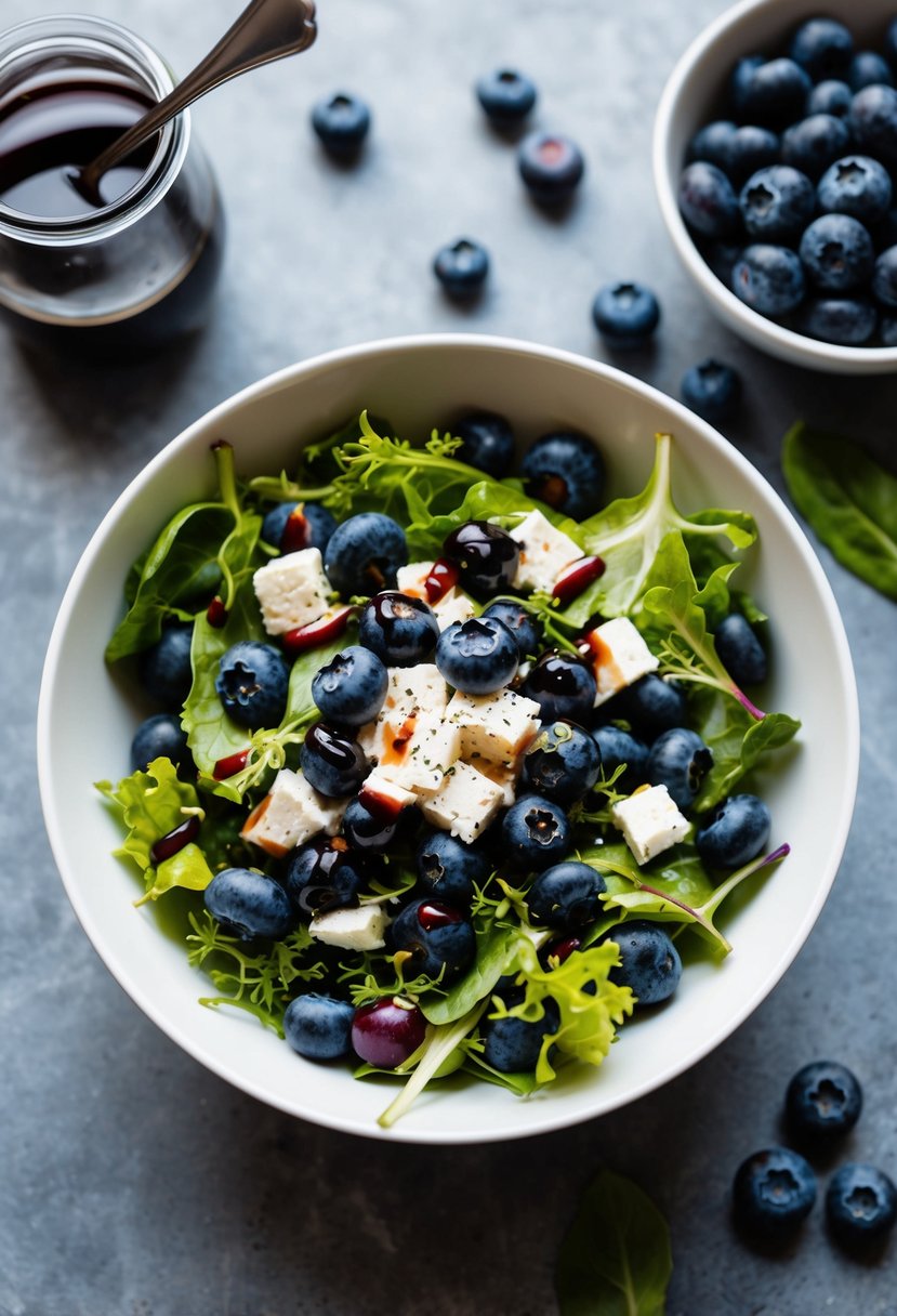 A vibrant bowl of summer blueberry salad, with fresh blueberries, mixed greens, feta cheese, and a drizzle of balsamic vinaigrette