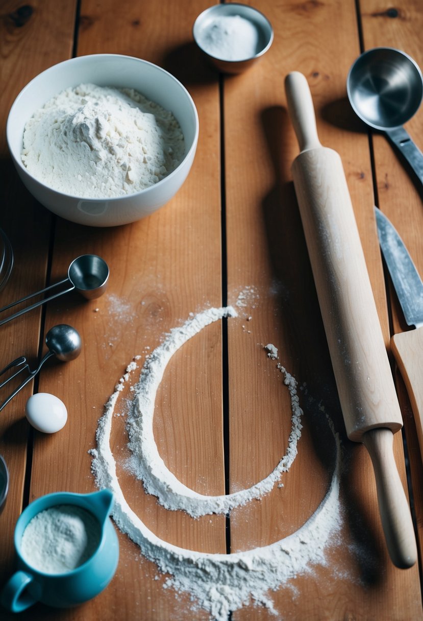 A wooden table with a bowl of flour, a rolling pin, and various baking utensils scattered around