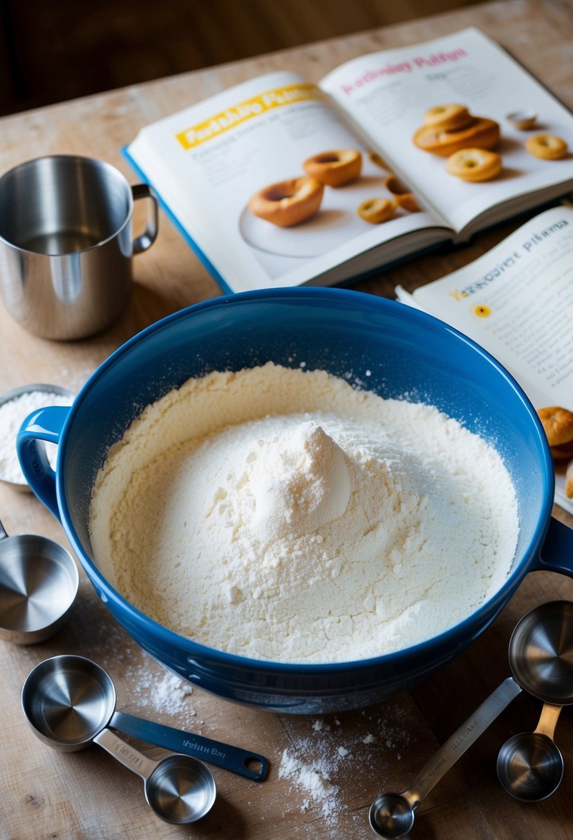 A mixing bowl filled with flour, surrounded by measuring cups and spoons. A recipe book open to a page on Yorkshire Puddings