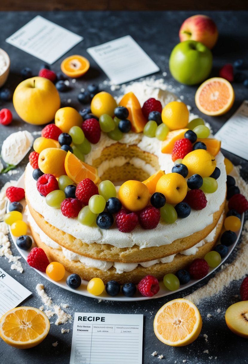 A colorful array of fresh fruits and a fluffy sponge cake surrounded by scattered flour and recipe cards