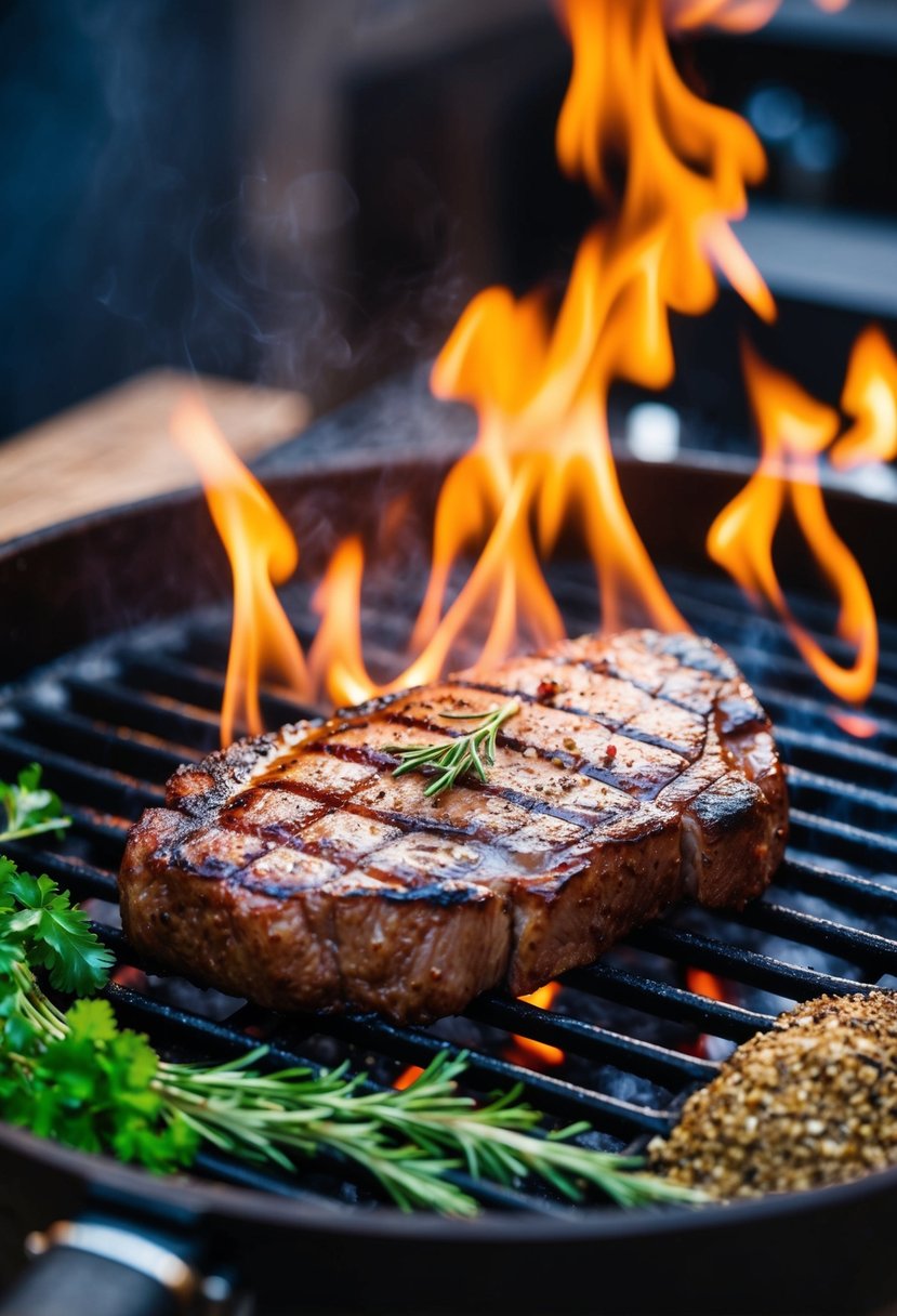 A sizzling beef steak on a hot grill with flames licking the edges, surrounded by fresh herbs and spices