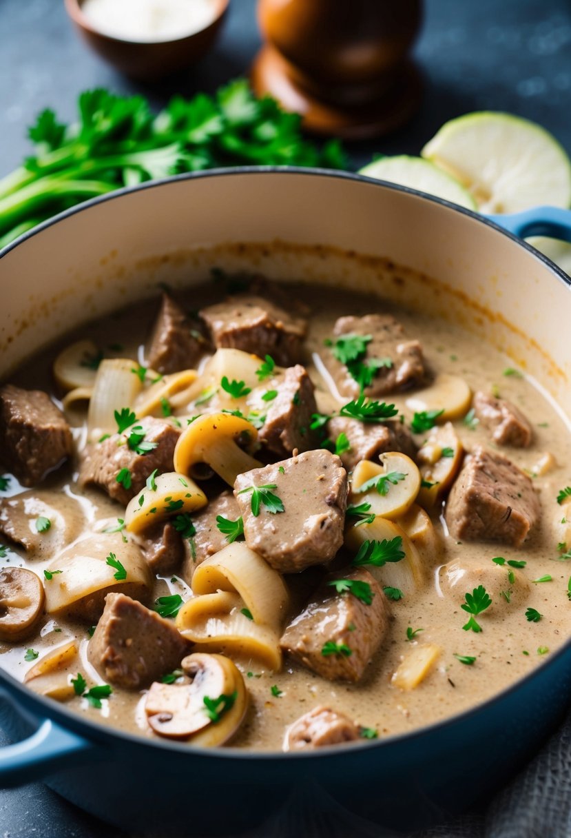 A simmering pot of Beef Stroganoff with tender chunks of beef, onions, and mushrooms in a creamy sauce, garnished with a sprinkle of fresh parsley