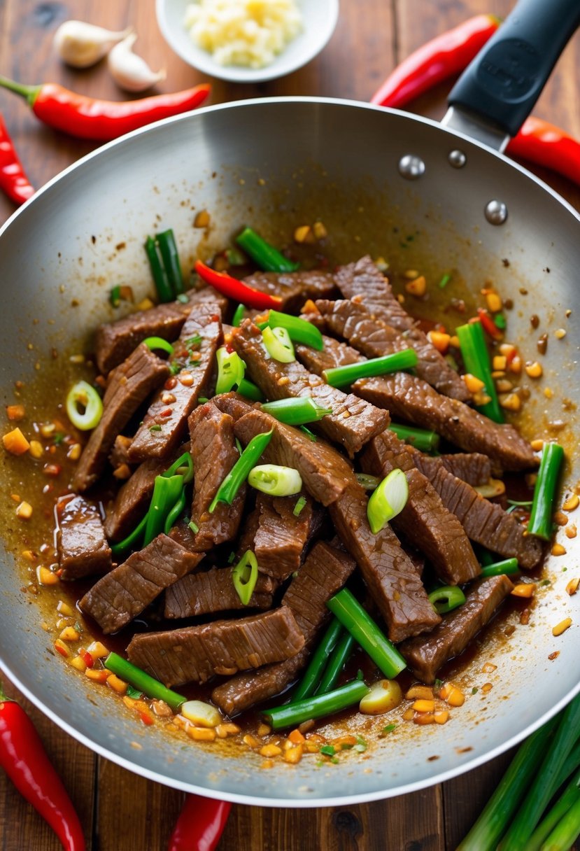 A sizzling wok filled with strips of tender Mongolian beef, stir-fried with green onions and garlic, surrounded by vibrant red chili peppers and glossy sauce