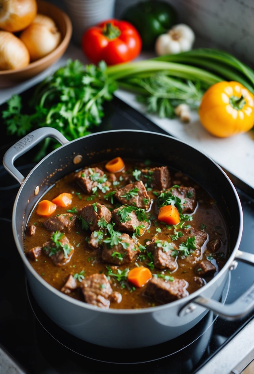 A bubbling pot of Beef Bourguignon simmering on a stove, surrounded by fresh vegetables and herbs