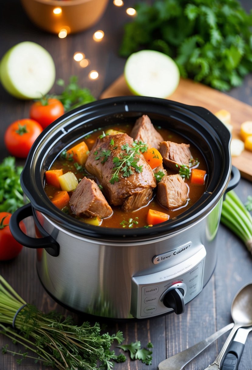 A bubbling slow cooker filled with savory pot roast, surrounded by fresh vegetables and herbs