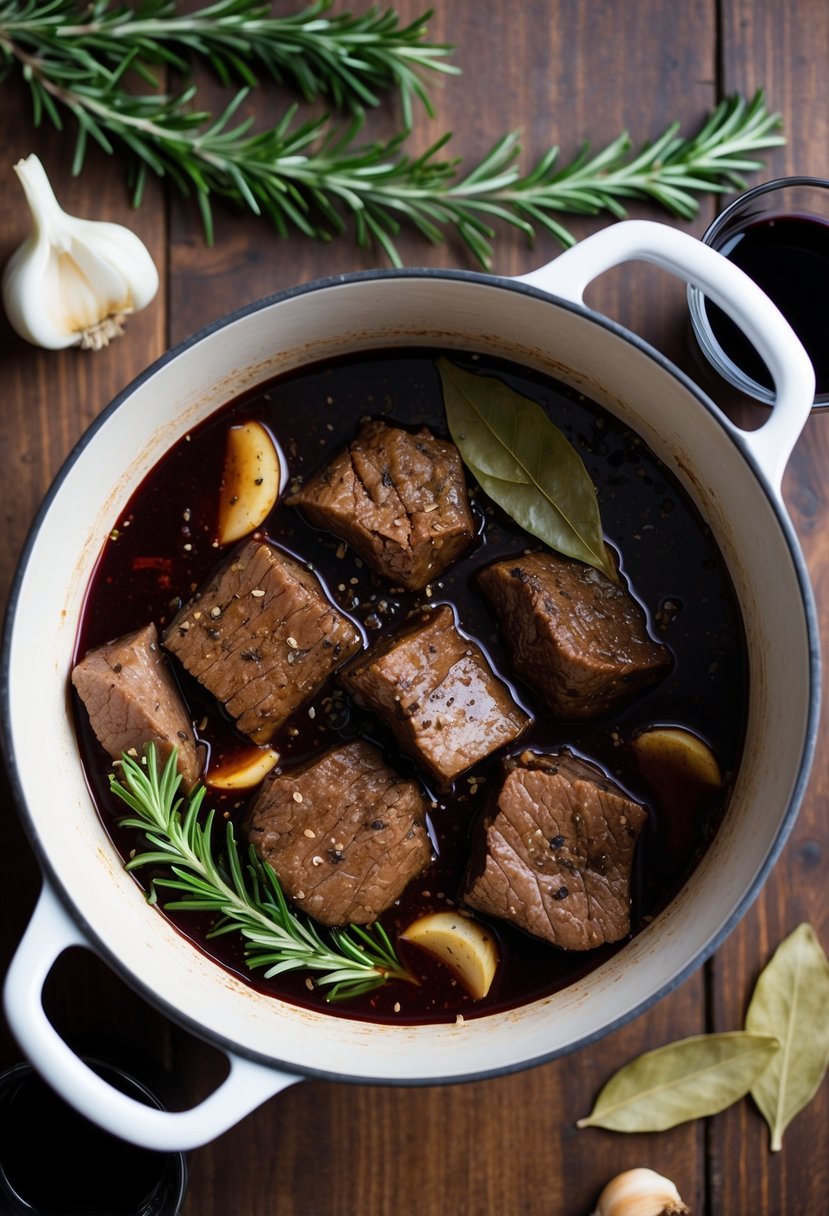 A simmering pot of peposo beef with garlic, black pepper, and red wine, surrounded by fresh rosemary and bay leaves