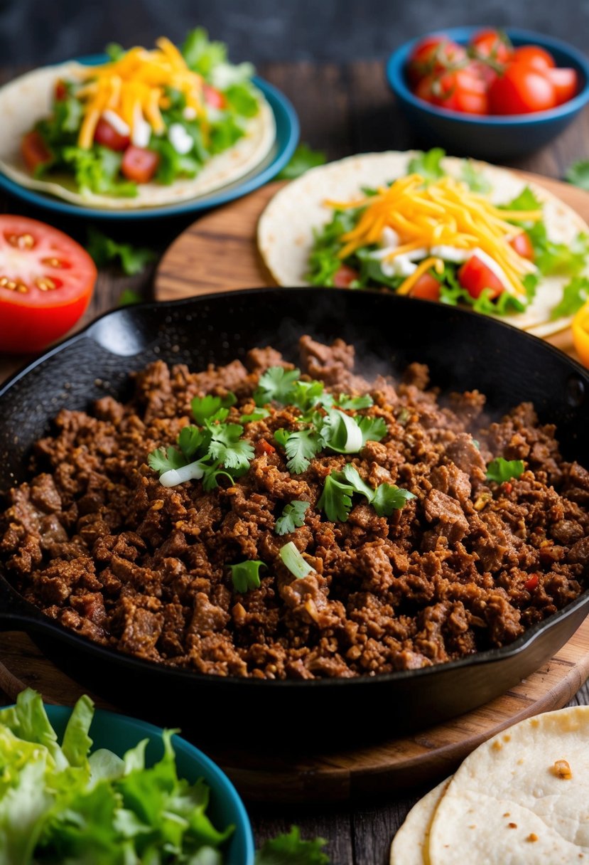 A sizzling skillet of ground beef, surrounded by colorful taco fixings like lettuce, tomatoes, and cheese, with warm tortillas waiting to be filled