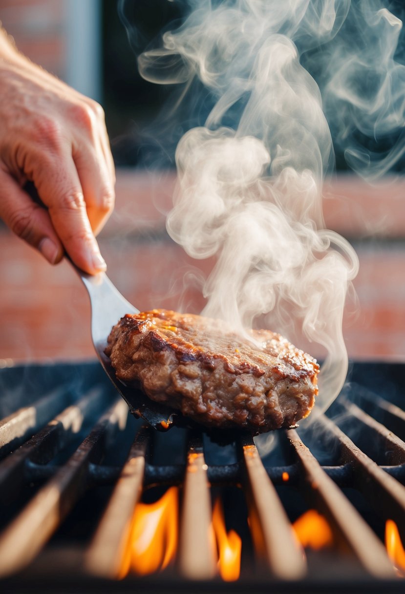 A sizzling beef patty being smashed onto a hot grill, sending up a cloud of steam and creating a mouth-watering aroma