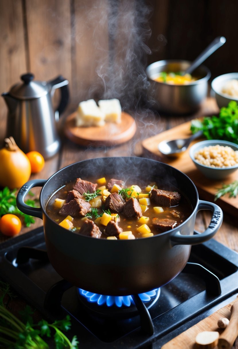 A steaming pot of beef and barley stew simmers on a rustic wooden stove, surrounded by fresh ingredients and cooking utensils