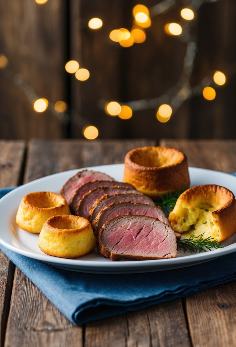 A platter of golden-brown roast beef slices with Yorkshire pudding on a rustic wooden table