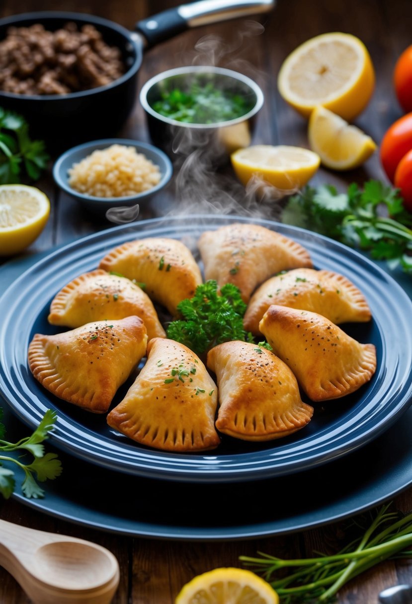 A steaming plate of beef empanadas surrounded by fresh ingredients and cooking utensils