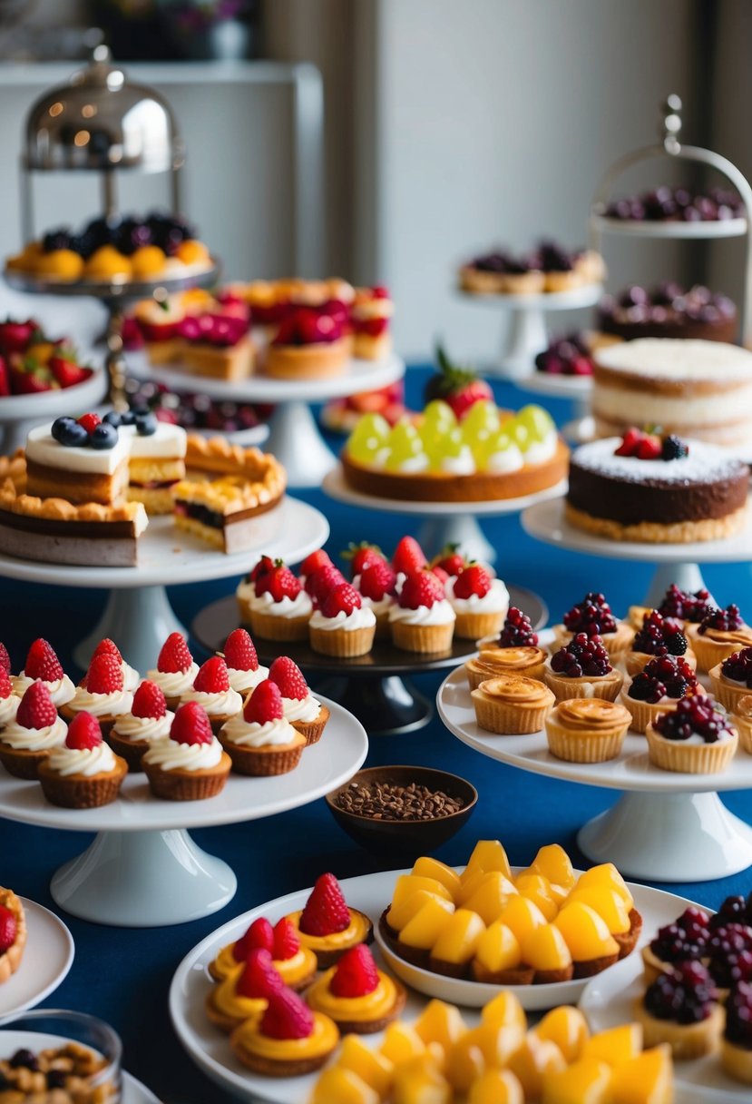 A table filled with an assortment of colorful and decadent dessert recipes, including cakes, pastries, and fruit tarts, arranged on elegant serving platters