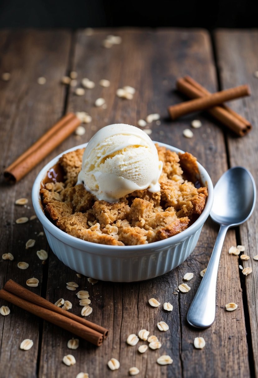 A golden-brown apple crisp sits on a rustic wooden table, surrounded by scattered oats and cinnamon sticks. A scoop of vanilla ice cream slowly melts on top