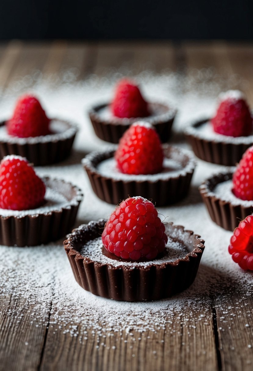 A table set with dark chocolate raspberry tarts, fresh raspberries, and a dusting of powdered sugar