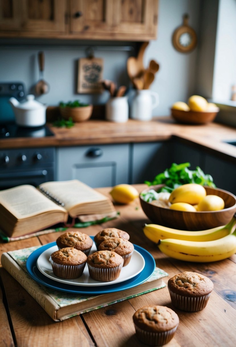 A rustic kitchen with a wooden table set with a plate of maple banana muffins, surrounded by fresh ingredients and a vintage recipe book