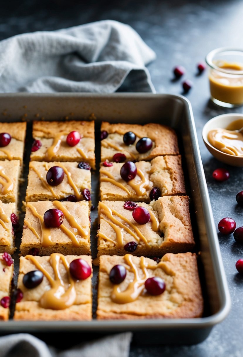 A pan of golden brown cookie bars topped with cranberries and drizzled with salted brown butter