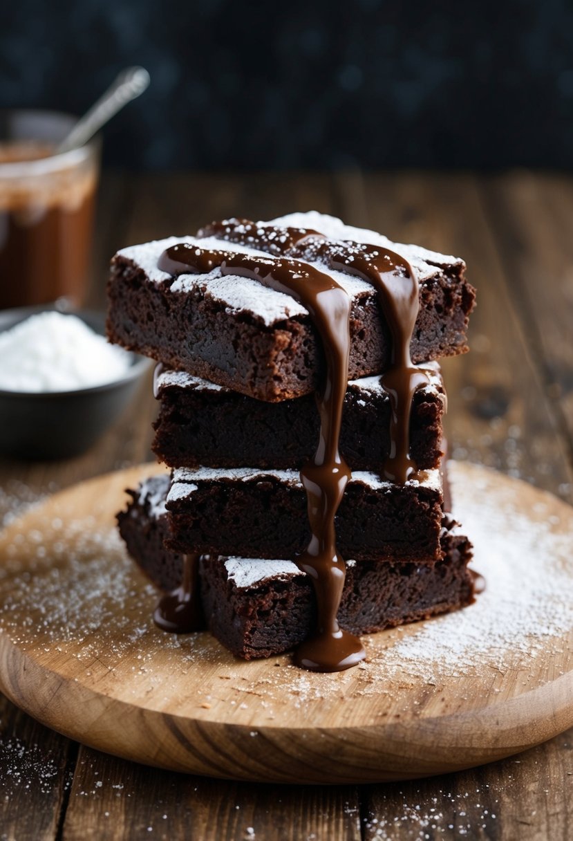 A decadent stack of triple fudge brownies topped with a drizzle of chocolate sauce and a sprinkle of powdered sugar, placed on a rustic wooden serving board