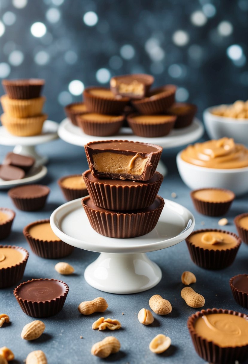 A table set with a variety of peanut butter cups desserts, surrounded by scattered ingredients like chocolate, peanut butter, and nuts