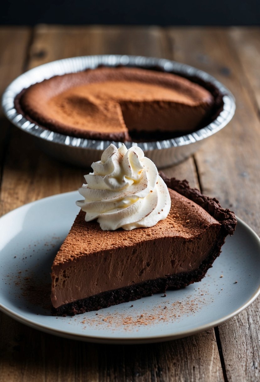 A decadent chocolate fudge pie sits on a rustic wooden table, adorned with a dollop of whipped cream and a dusting of cocoa powder