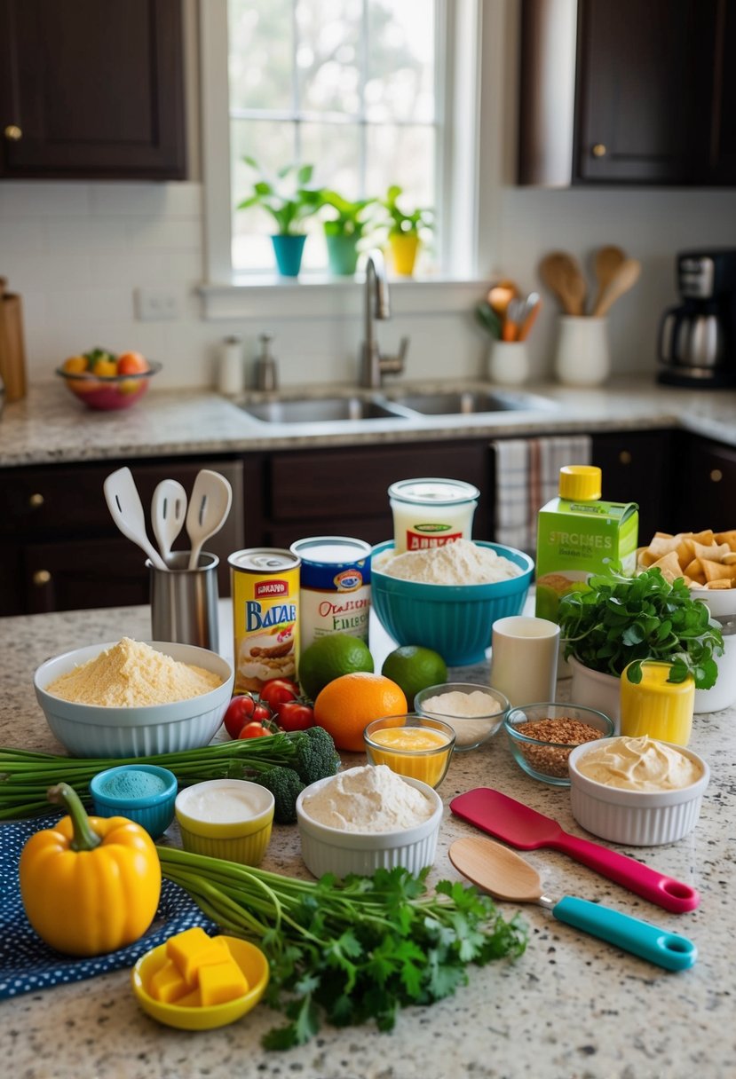 A colorful array of ingredients and utensils laid out on a kitchen counter, ready to be used in preparing a no-bake cheesecake dessert