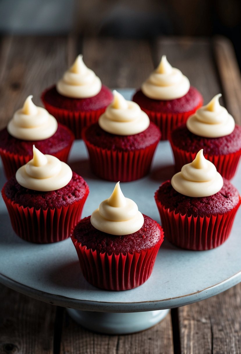 A plate of red velvet cupcakes arranged on a rustic wooden table with a dollop of cream cheese frosting on top of each one