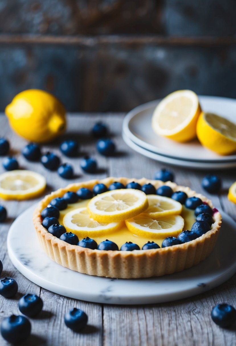 A rustic kitchen table with a freshly baked lemon blueberry tart surrounded by scattered blueberries and lemon slices